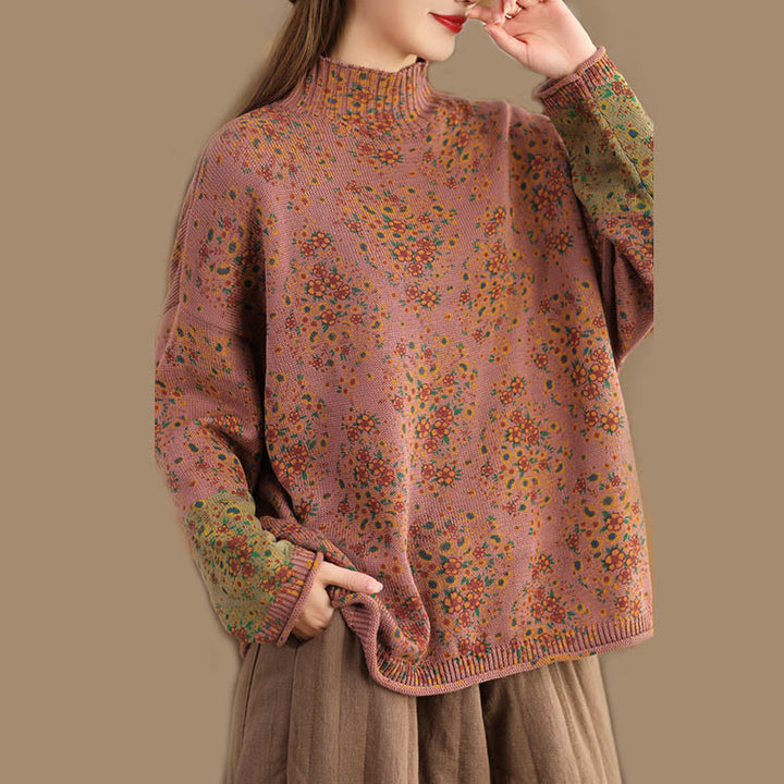 Buddha Stones ​​Herbstdruck Blumen Langarm Stehkragen Strickpullover für Damen aus Baumwolle - image 2