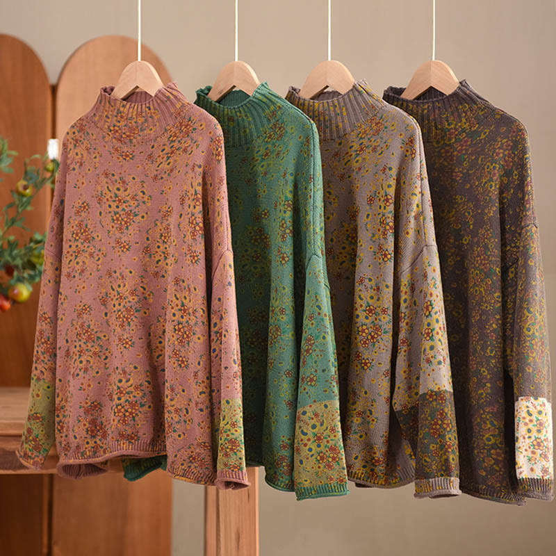 Buddha Stones ​​Herbstdruck Blumen Langarm Stehkragen Strickpullover für Damen aus Baumwolle - image 20