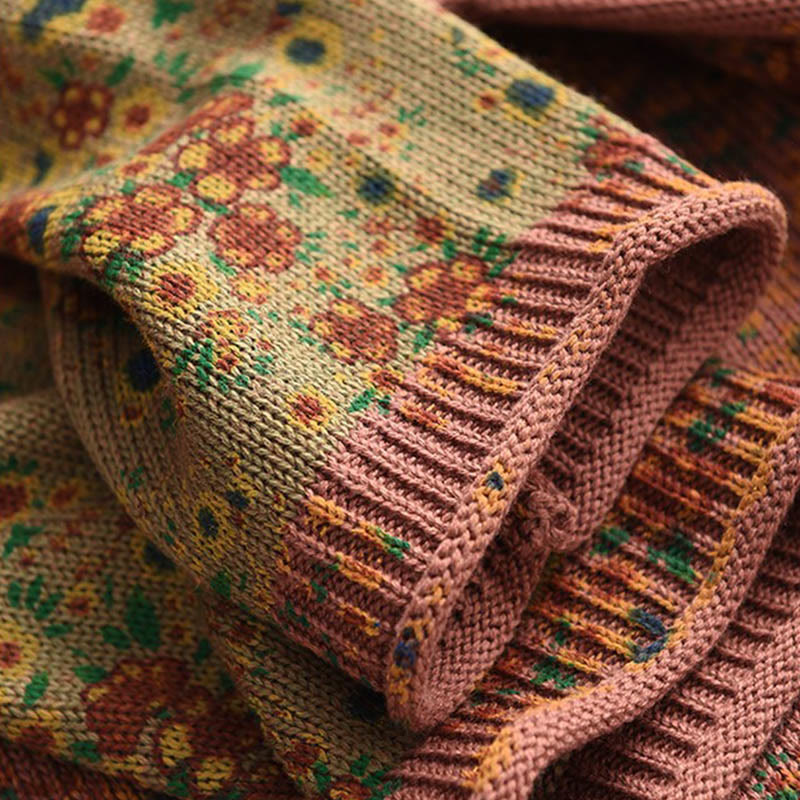 Buddha Stones ​​Herbstdruck Blumen Langarm Stehkragen Strickpullover für Damen aus Baumwolle - image 6