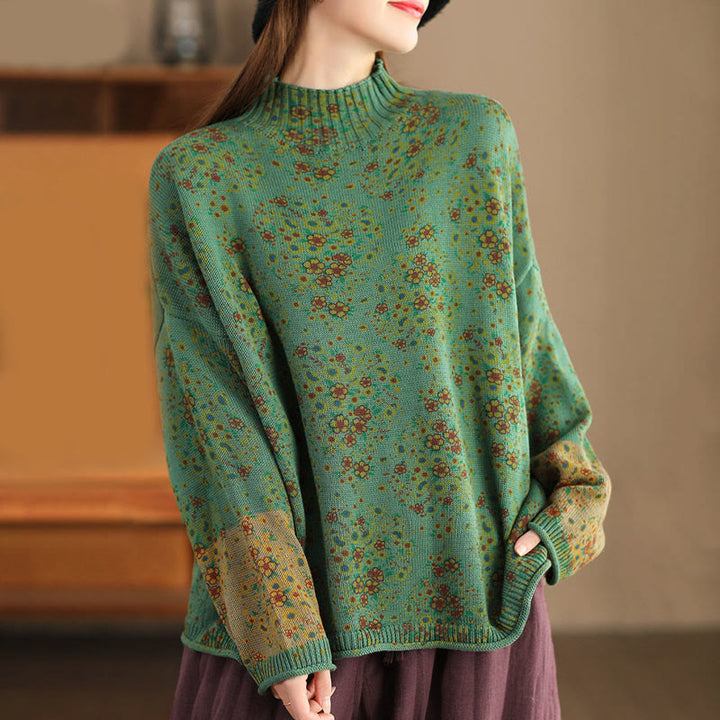 Buddha Stones ​​Herbstdruck Blumen Langarm Stehkragen Strickpullover für Damen aus Baumwolle - image 17
