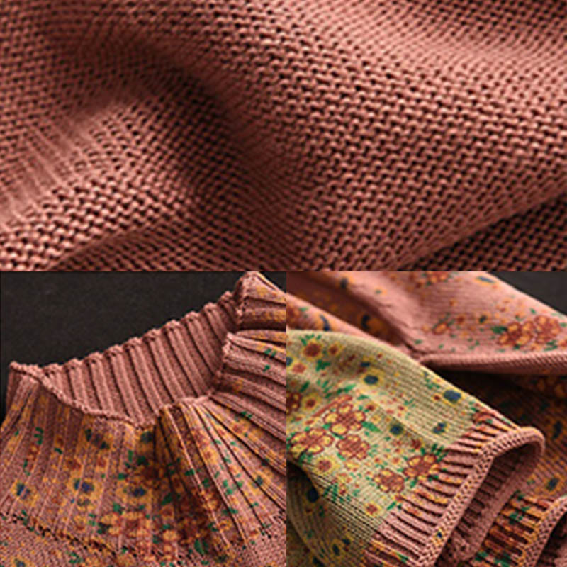 Buddha Stones ​​Herbstdruck Blumen Langarm Stehkragen Strickpullover für Damen aus Baumwolle - image 7