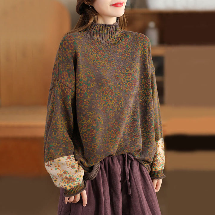 Buddha Stones ​​Herbstdruck Blumen Langarm Stehkragen Strickpullover für Damen aus Baumwolle - Sattelbraun - US4-12, UK/AU8-16, EU36-44 (F) - image 18