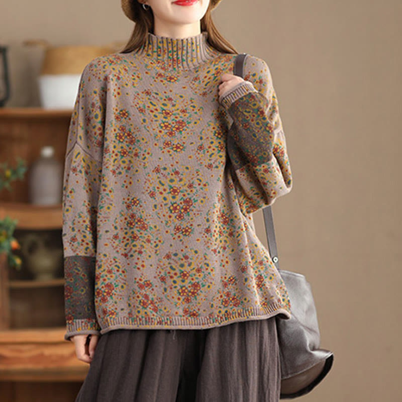 Buddha Stones ​​Herbstdruck Blumen Langarm Stehkragen Strickpullover für Damen Strickpullover - image 13