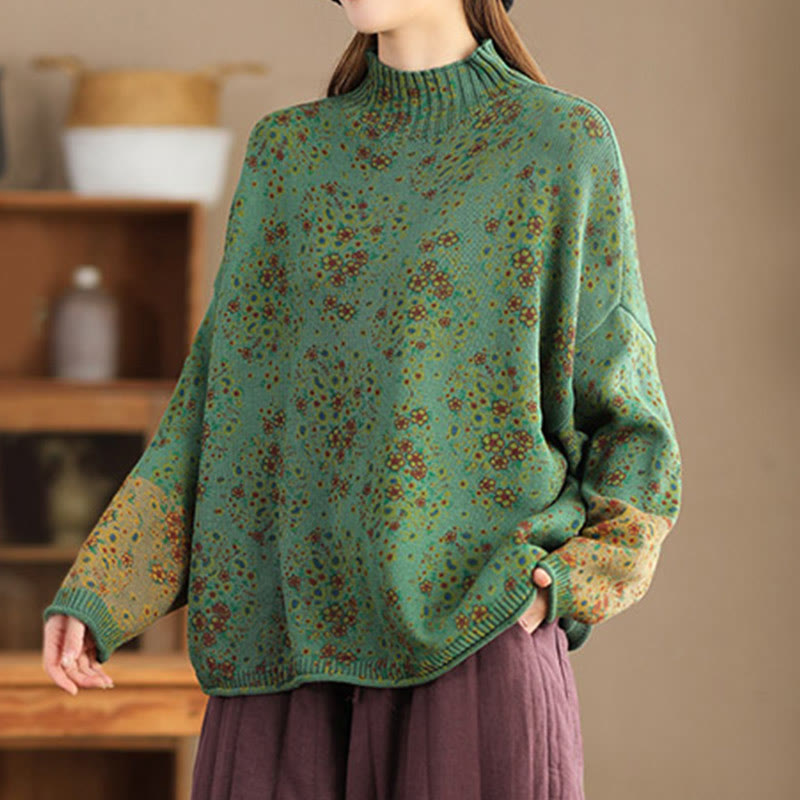 Buddha Stones ​​Herbstdruck Blumen Langarm Stehkragen Strickpullover für Damen aus Baumwolle - image 16