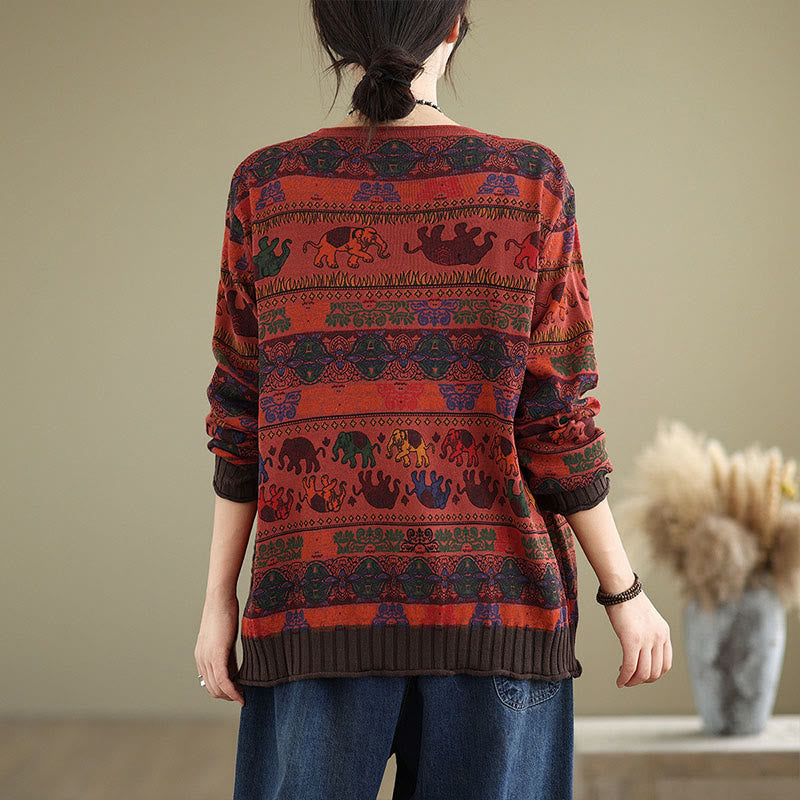 Buddha Stones, Elefantenmuster, Strickpullover aus Baumwolle für Damen, Langarm mit Taschen - image 20