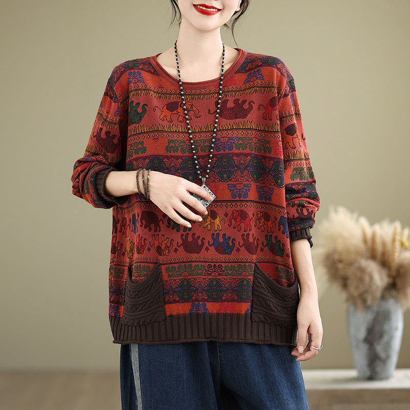 Buddha Stones, Elefantenmuster, Strickpullover aus Baumwolle für Damen, Langarm mit Taschen - Feuerfestziegel - US4-6, UK/AU8-10, EU36-38 (F) - image 19