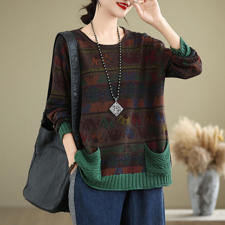 Buddha Stones, Elefantenmuster, Strickpullover aus Baumwolle für Damen, Langarm mit Taschen - Sattelbraun - US4-6, UK/AU8-10, EU36-38 (F) - image 13