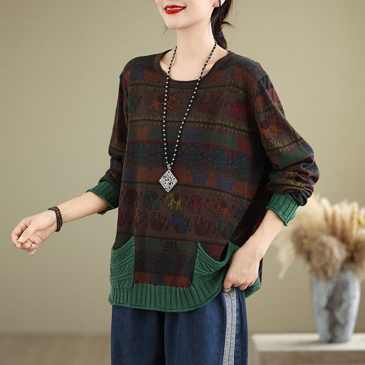 Buddha Stones, Elefantenmuster, Strickpullover aus Baumwolle für Damen, Langarm mit Taschen - image 16