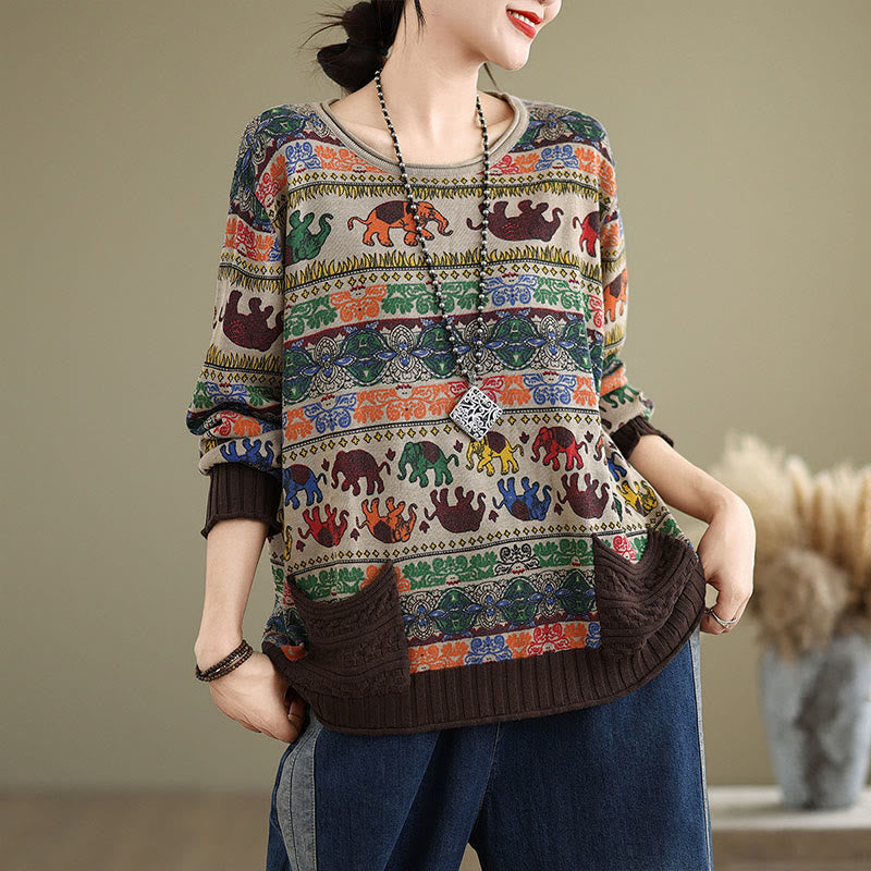 Buddha Stones, Elefantenmuster, Strickpullover aus Baumwolle für Damen, Langarm mit Taschen - image 0
