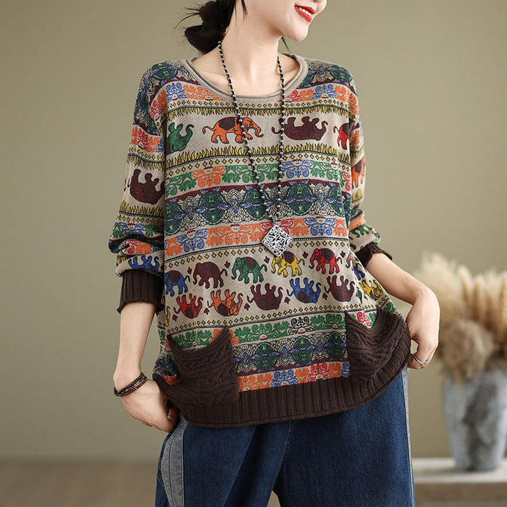Buddha Stones, Elefantenmuster, Strickpullover aus Baumwolle für Damen, Langarm mit Taschen - image 0
