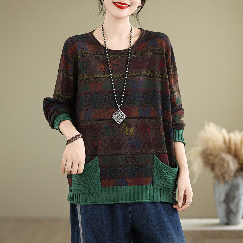Buddha Stones, Elefantenmuster, Strickpullover aus Baumwolle für Damen, Langarm mit Taschen - image 14