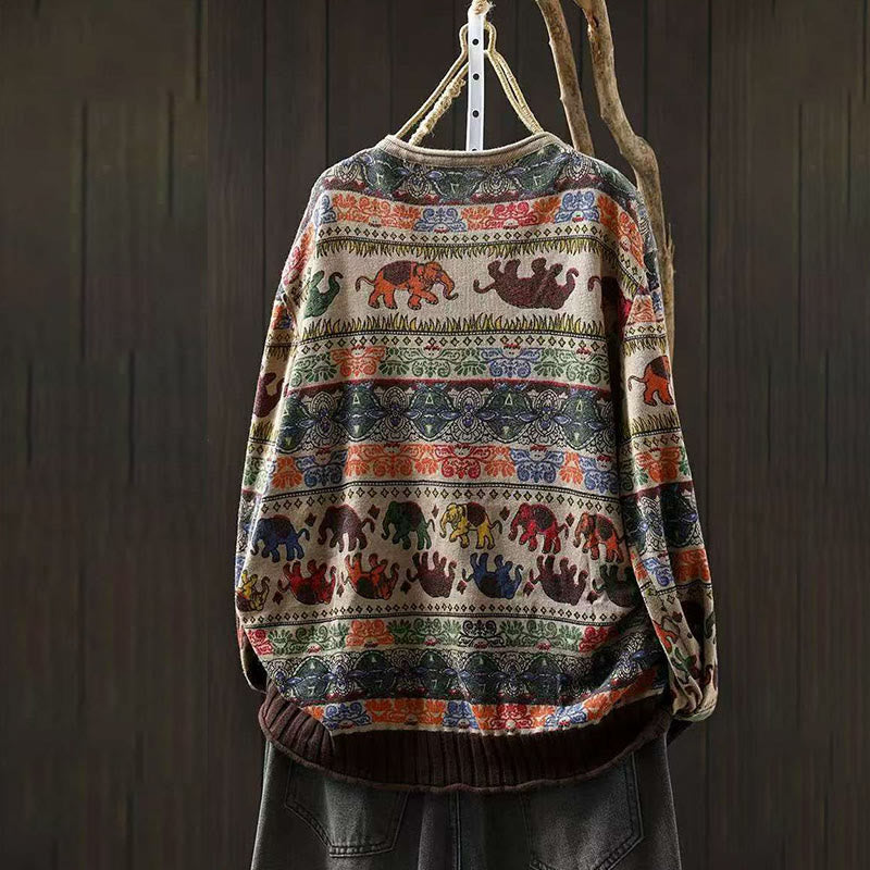 Buddha Stones, Elefantenmuster, Strickpullover aus Baumwolle für Damen, Langarm mit Taschen - image 6