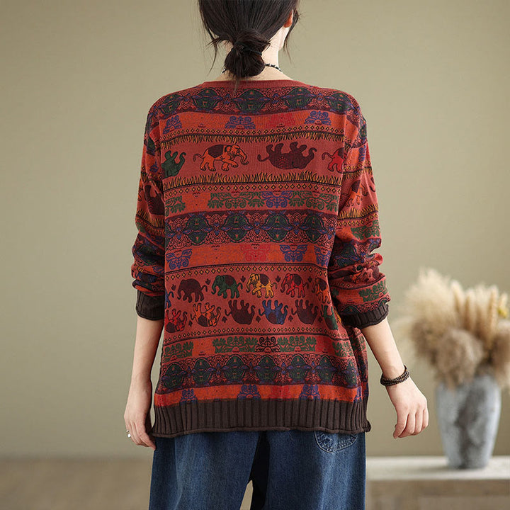 Buddha Stones, Elefantenmuster, Strickpullover aus Baumwolle für Damen, Langarm mit Taschen - image 20