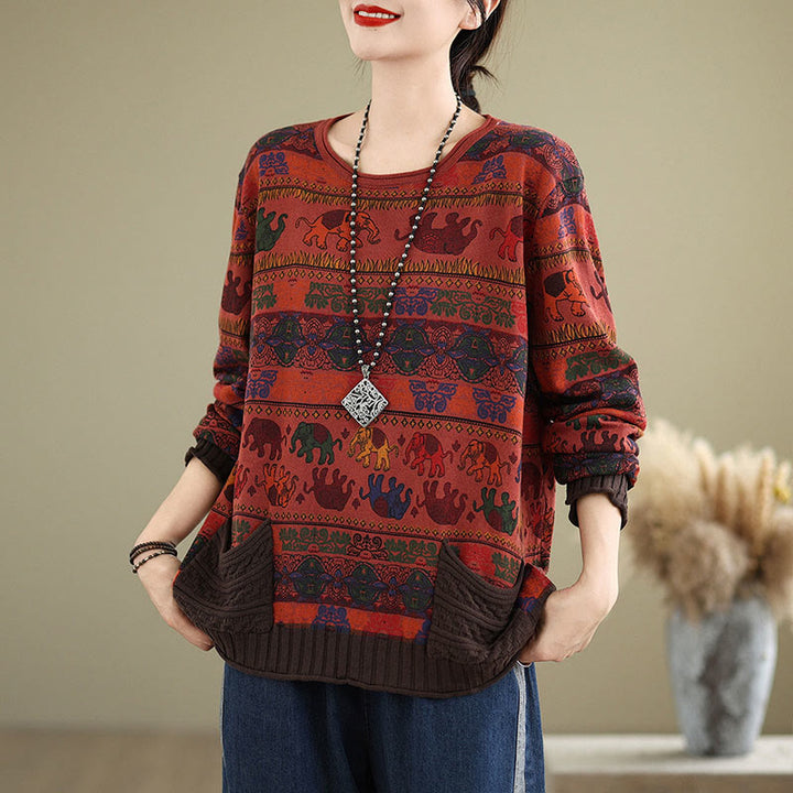 Buddha Stones, Elefantenmuster, Strickpullover aus Baumwolle für Damen, Langarm mit Taschen - image 21