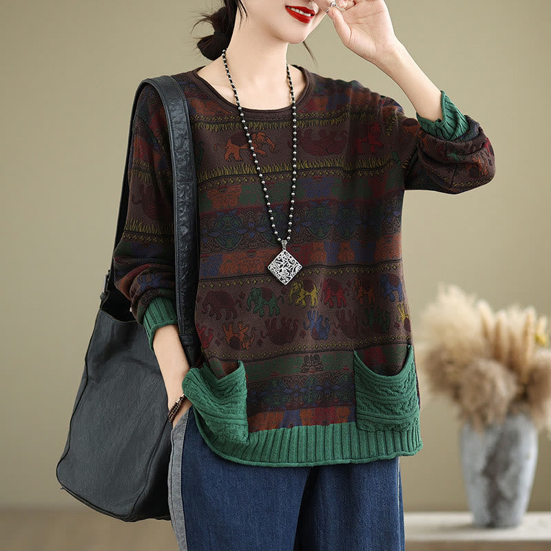 Buddha Stones, Elefantenmuster, Strickpullover aus Baumwolle für Damen, Langarm mit Taschen - Sattelbraun - US4-6, UK/AU8-10, EU36-38 (F) - image 13