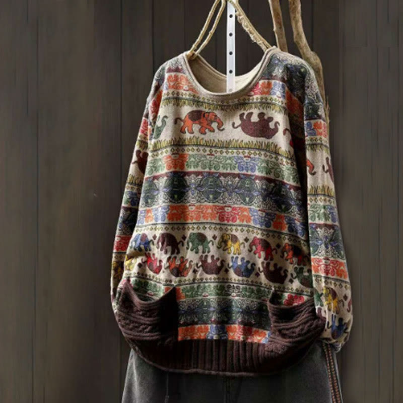 Buddha Stones, Elefantenmuster, Strickpullover aus Baumwolle für Damen, Langarm mit Taschen - image 5