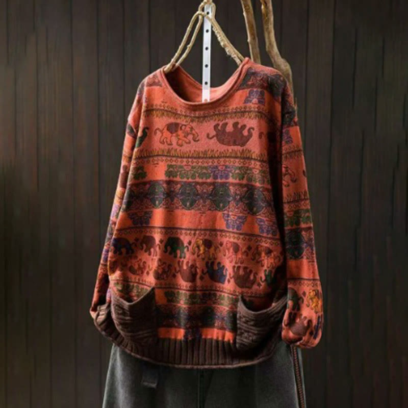 Buddha Stones, Elefantenmuster, Strickpullover aus Baumwolle für Damen, Langarm mit Taschen - image 24