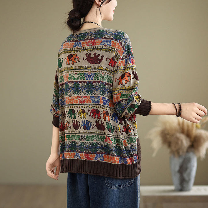 Buddha Stones, Elefantenmuster, Strickpullover aus Baumwolle für Damen, Langarm mit Taschen - image 4
