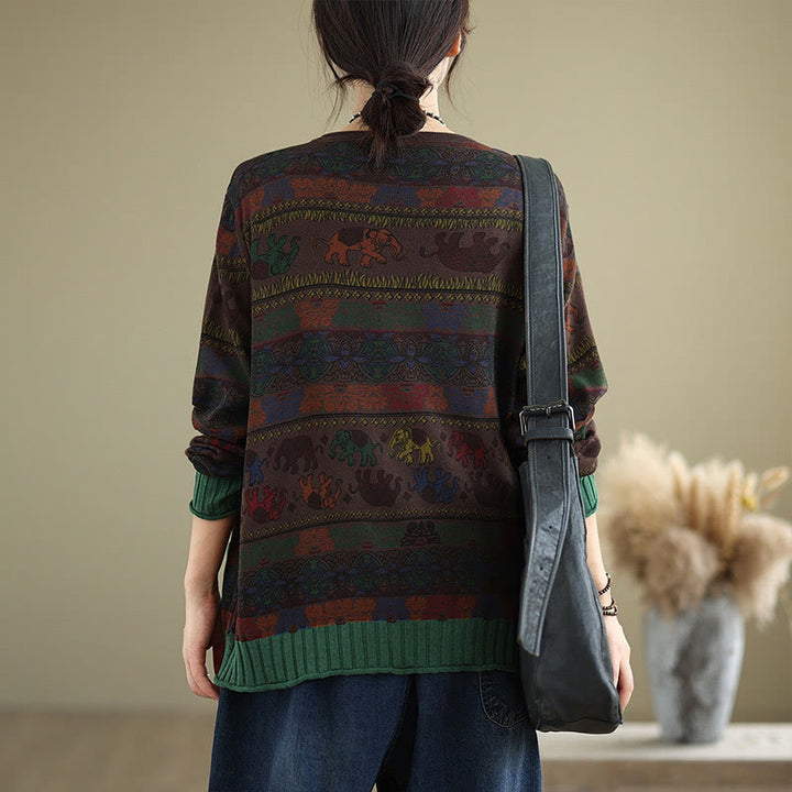 Buddha Stones, Elefantenmuster, Strickpullover aus Baumwolle für Damen, Langarm mit Taschen - image 15