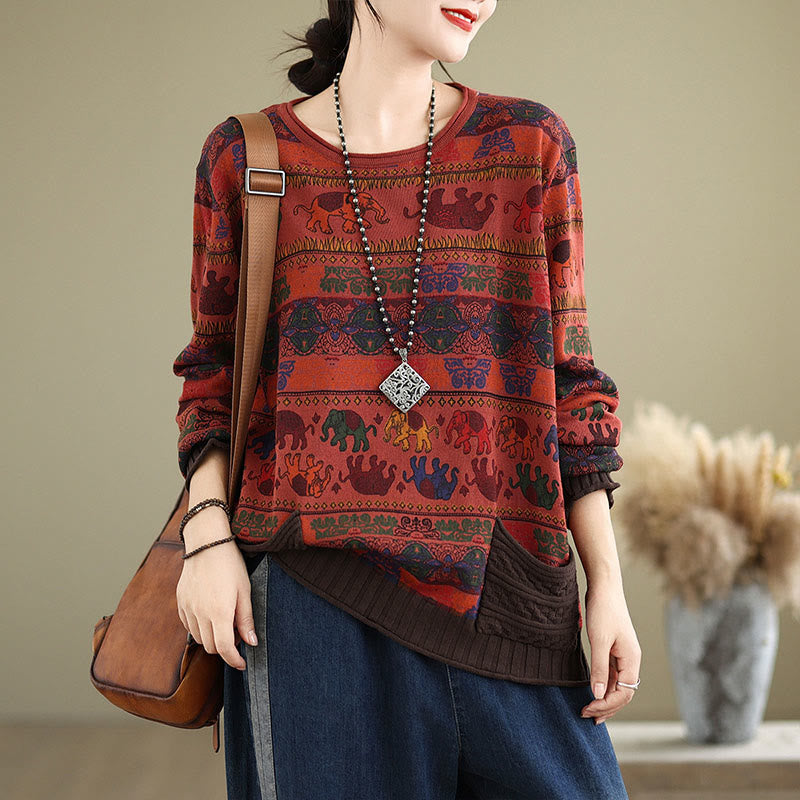 Buddha Stones, Elefantenmuster, Strickpullover aus Baumwolle für Damen, Langarm mit Taschen - image 23