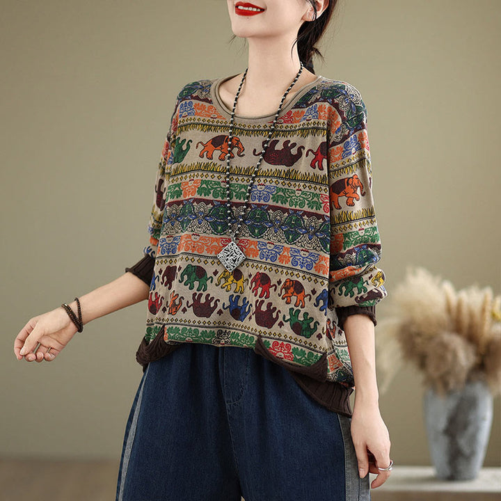 Buddha Stones, Elefantenmuster, Strickpullover aus Baumwolle für Damen, Langarm mit Taschen - image 3