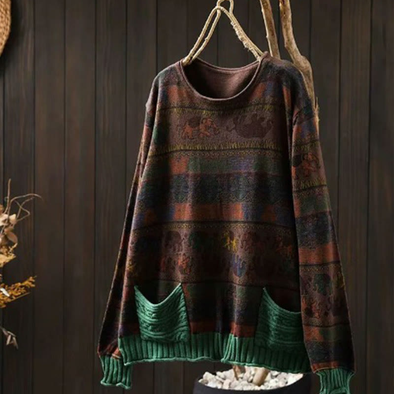 Buddha Stones, Elefantenmuster, Strickpullover aus Baumwolle für Damen, Langarm mit Taschen - image 18