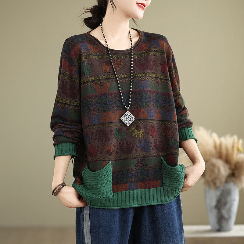 Buddha Stones, Elefantenmuster, Strickpullover aus Baumwolle für Damen, Langarm mit Taschen - image 17