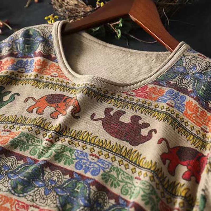 Buddha Stones, Elefantenmuster, Strickpullover aus Baumwolle für Damen, Langarm mit Taschen - image 7