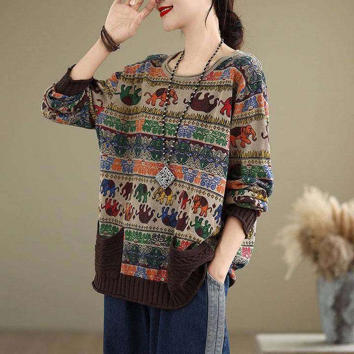 Buddha Stones, Elefantenmuster, Strickpullover aus Baumwolle für Damen, Langarm mit Taschen - image 2