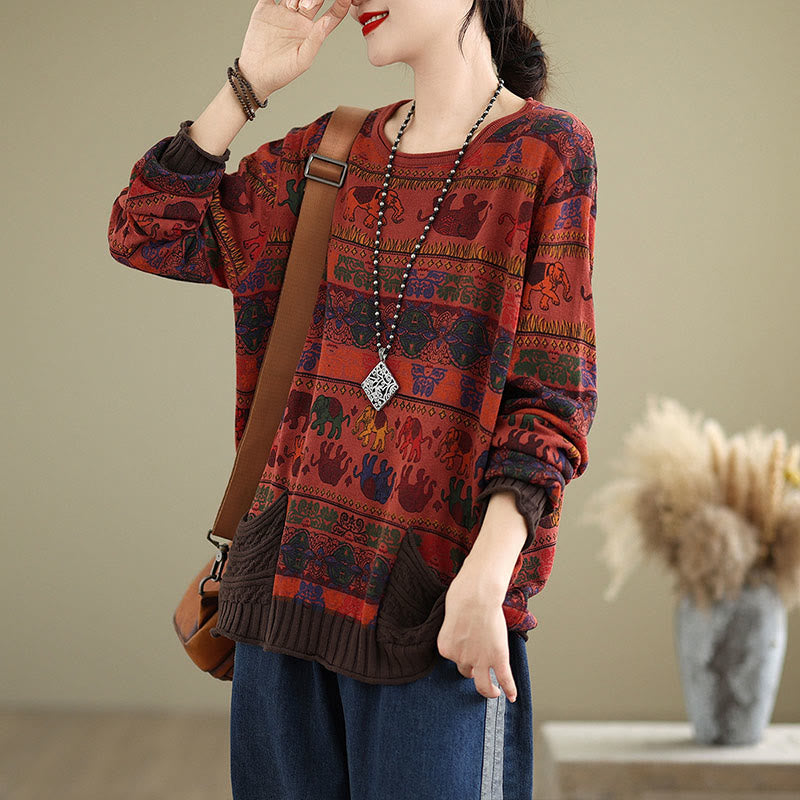 Buddha Stones, Elefantenmuster, Strickpullover aus Baumwolle für Damen, Langarm mit Taschen - image 22