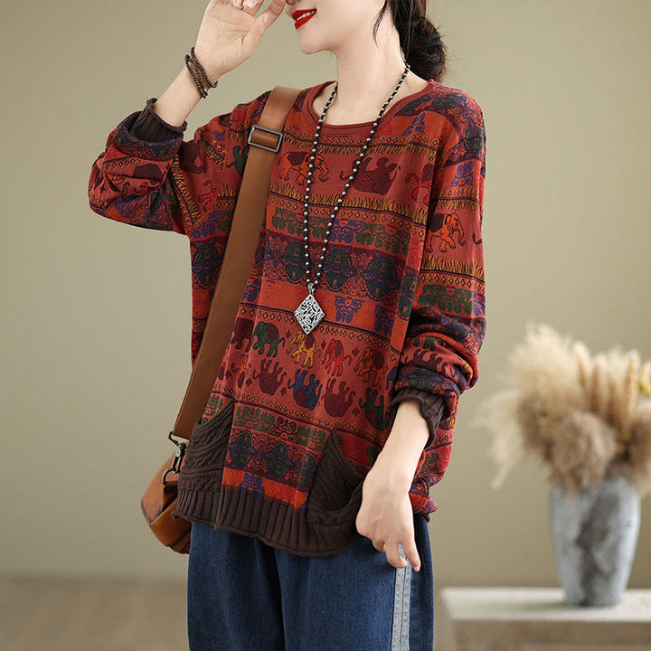 Buddha Stones, Elefantenmuster, Strickpullover aus Baumwolle für Damen, Langarm mit Taschen - image 22