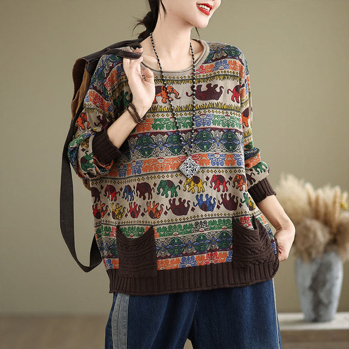 Buddha Stones, Elefantenmuster, Strickpullover aus Baumwolle für Damen, Langarm mit Taschen - Bräunen - US4-6, UK/AU8-10, EU36-38 (F) - image 1