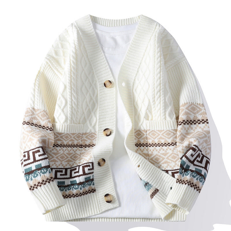 Buddha Stones Jacquard Ethno Langarm-Strickpullover für Herren mit Taschen - Weiß - US/ UK/AU44, EU54 (4XL) - image 0