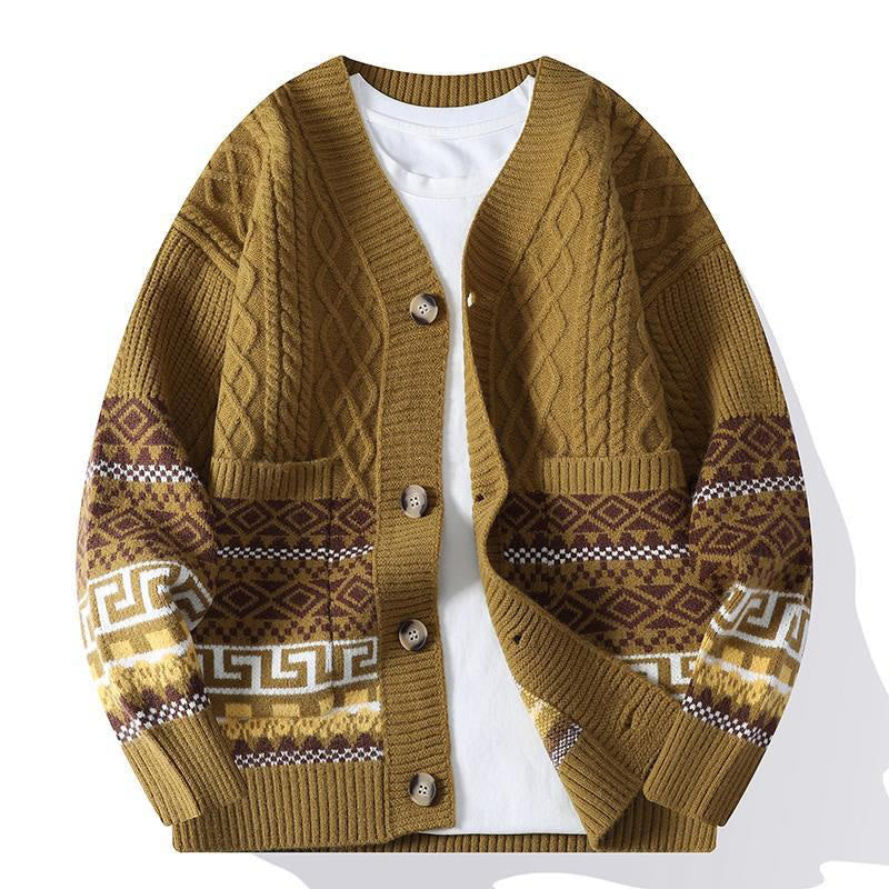 Buddha Stones Jacquard Ethno Langarm-Strickpullover für Herren mit Taschen - Dunkelgoldenrod - US/ UK/AU44, EU54 (4XL) - image 8