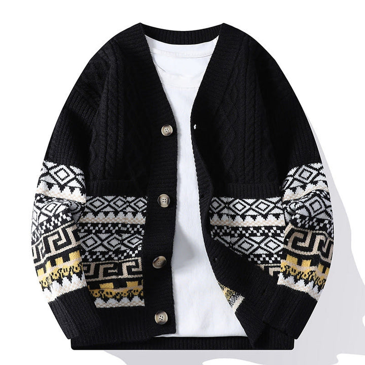 Buddha Stones Jacquard Ethno Langarm-Strickpullover für Herren mit Taschen - Schwarz - US/ UK/AU44, EU54 (4XL) - image 7