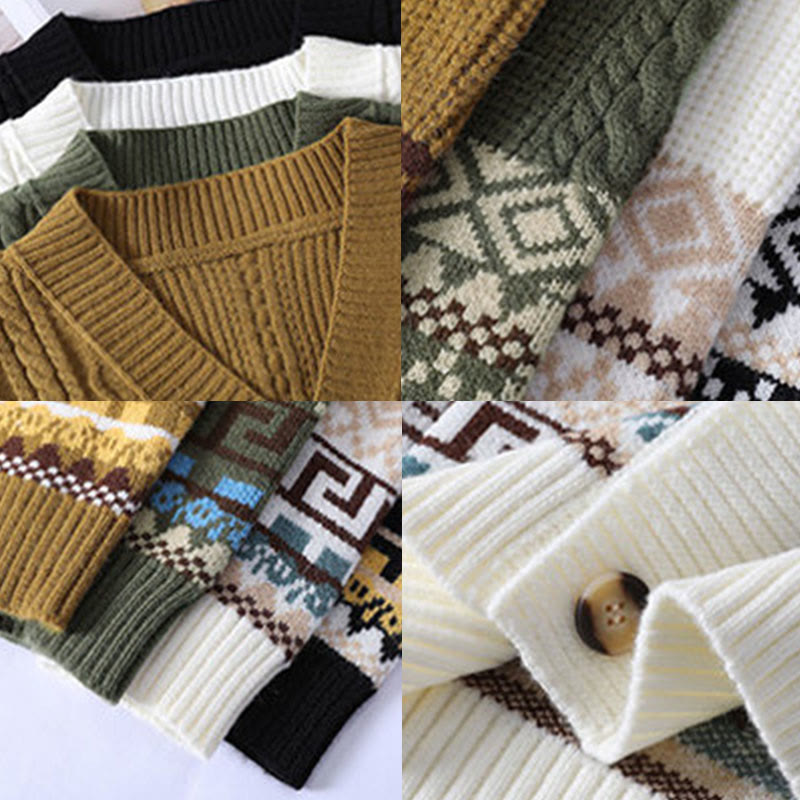 Buddha Stones Jacquard Ethno Langarm-Strickpullover für Herren mit Taschen - image 11