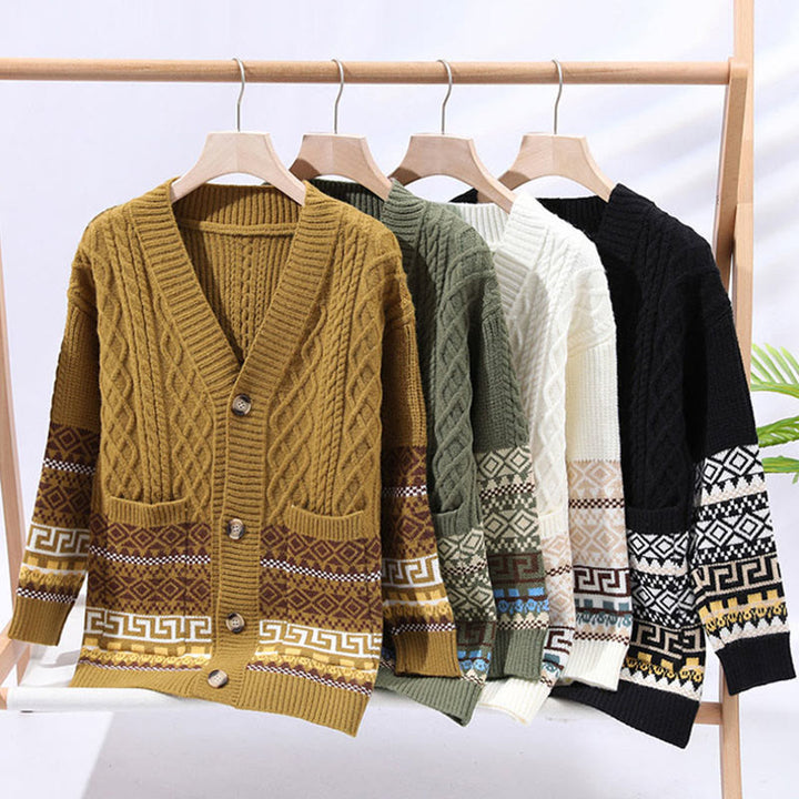 Buddha Stones Jacquard Ethno Langarm-Strickpullover für Herren mit Taschen - image 10