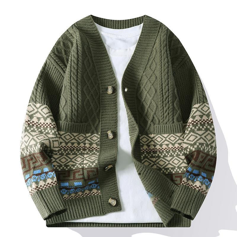 Buddha Stones Jacquard Ethno Langarm-Strickpullover für Herren mit Taschen - Dunkelolivgrün - US/ UK/AU44, EU54 (4XL) - image 9