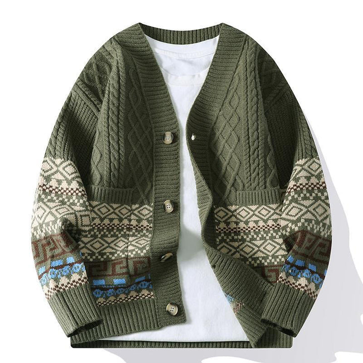 Buddha Stones Jacquard Ethno Langarm-Strickpullover für Herren mit Taschen - Dunkelolivgrün - US/ UK/AU44, EU54 (4XL) - image 9