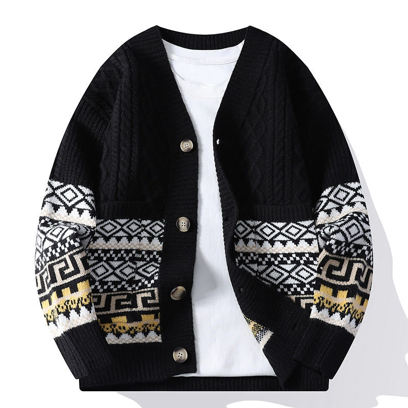 Buddha Stones Jacquard Ethno Langarm-Strickpullover für Herren mit Taschen - Schwarz - US/ UK/AU44, EU54 (4XL) - image 7