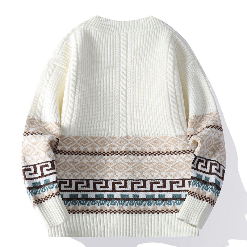 Buddha Stones Jacquard Ethno Langarm-Strickpullover für Herren mit Taschen - image 1