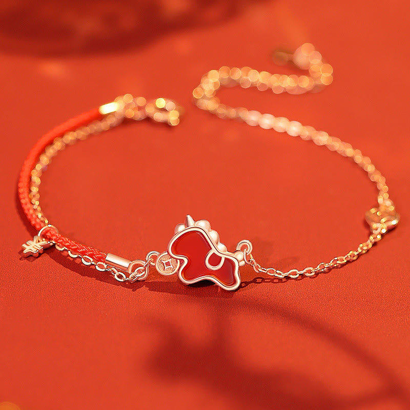 Buddha Stones, 925er Sterlingsilber, Jahr des Pferdes, rote Schnur, roter Achat-Münzanhänger, Glücksarmband - Pferdearmband - image 0