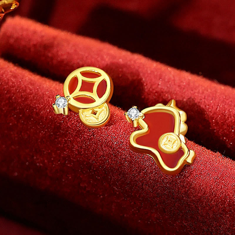 Buddha Stones aus 925er Sterlingsilber mit rotem Achat, Jahr des Pferdes, asymmetrischer Schutz - Goldene Pferdeohrringe - image 6