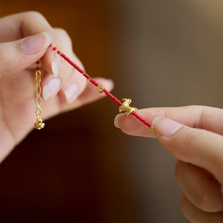 Buddha Stones, 925er Sterlingsilber, vergoldet, Jahr des Pferdes, rotes Liuli-Glas, Wohlstandsarmband - image 5