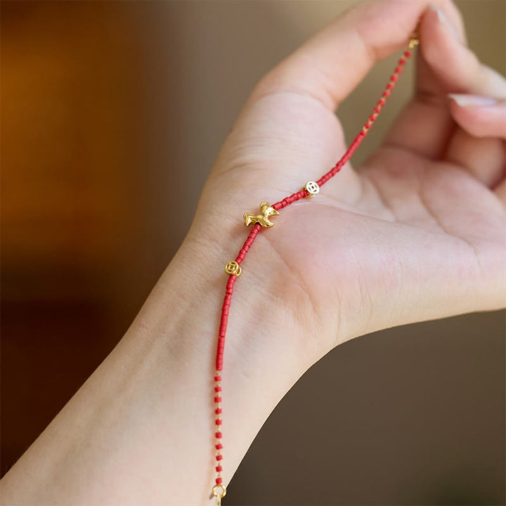 Buddha Stones, 925er Sterlingsilber, vergoldet, Jahr des Pferdes, rotes Liuli-Glas, Wohlstandsarmband - image 3