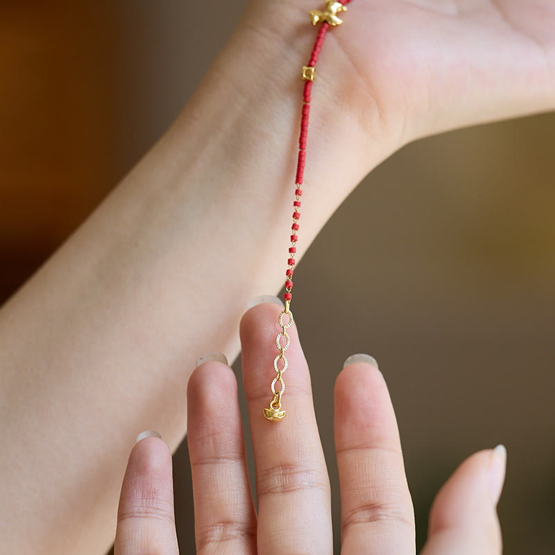 Buddha Stones, 925er Sterlingsilber, vergoldet, Jahr des Pferdes, rotes Liuli-Glas, Buddha-Wohlstandsarmband - image 4