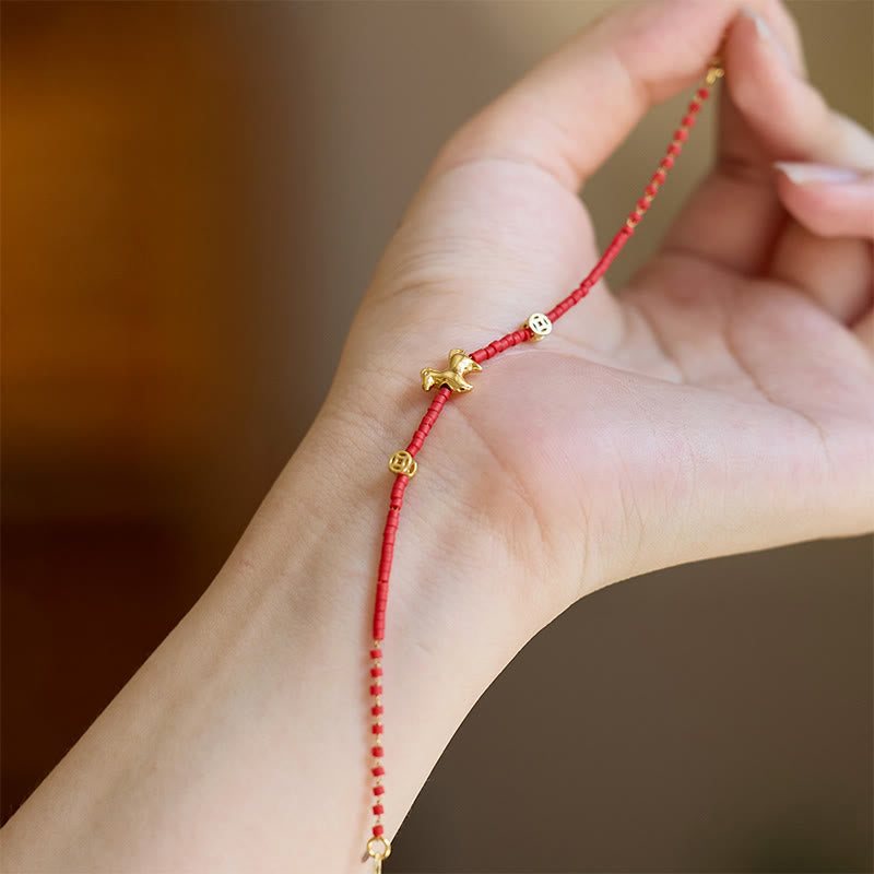 Buddha Stones, 925er Sterlingsilber, vergoldet, Jahr des Pferdes, rotes Liuli-Glas, Buddha-Wohlstandsarmband - image 3