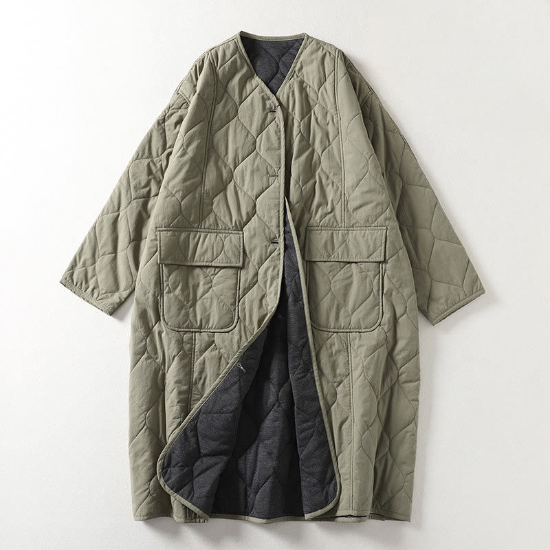 Buddha Stones, schlichte Knöpfe, V-Ausschnitt, lange Ärmel, Damen-Baumwollmantel mit Taschen - Dunkelseegrün - US14, UK/AU18, EU46 (2XL) - image 6