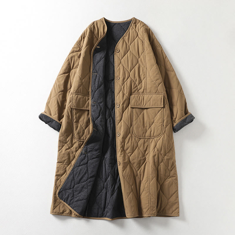 Buddha Stones, schlichte Knöpfe, V-Ausschnitt, lange Ärmel, Damen-Baumwollmantel mit Taschen - Bräunen - US14, UK/AU18, EU46 (2XL) - image 0