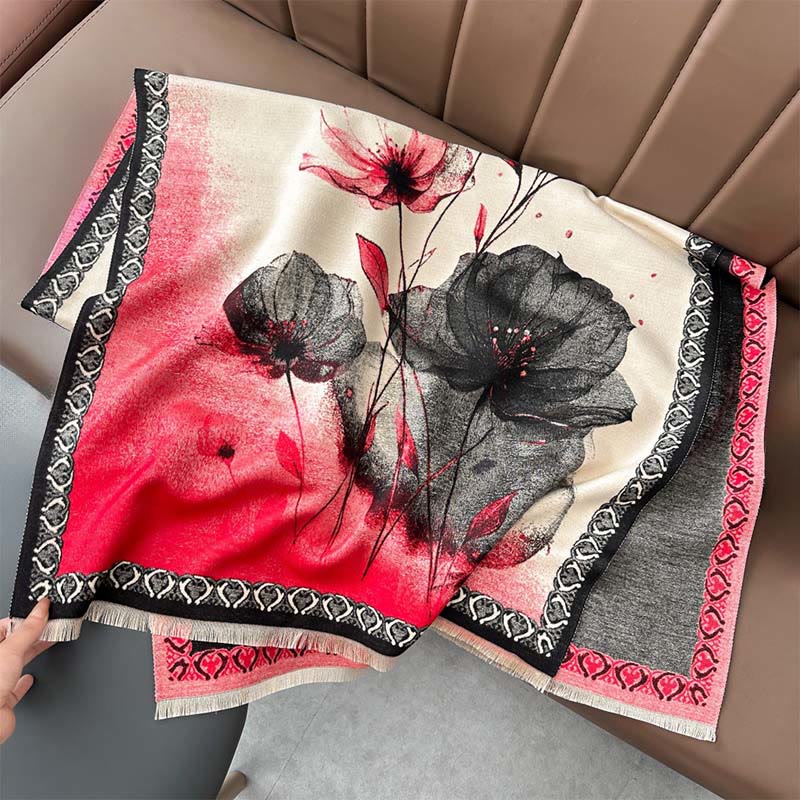 Buddha Stones ​​Winter-Tuschemalerei Lotusblumen-Blättermuster Weicher Schal/Stola - Tomate - 180 x 65 cm - image 4